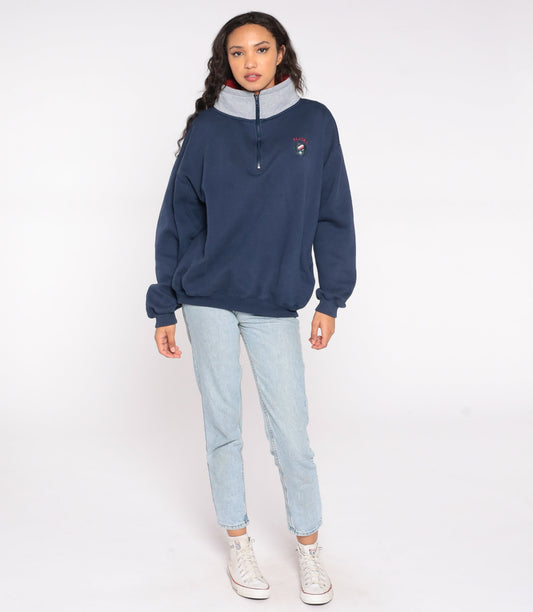 90s Alaska Quarter Zip Sweatshirt Navy Embroidered Logo Grey Collar Large