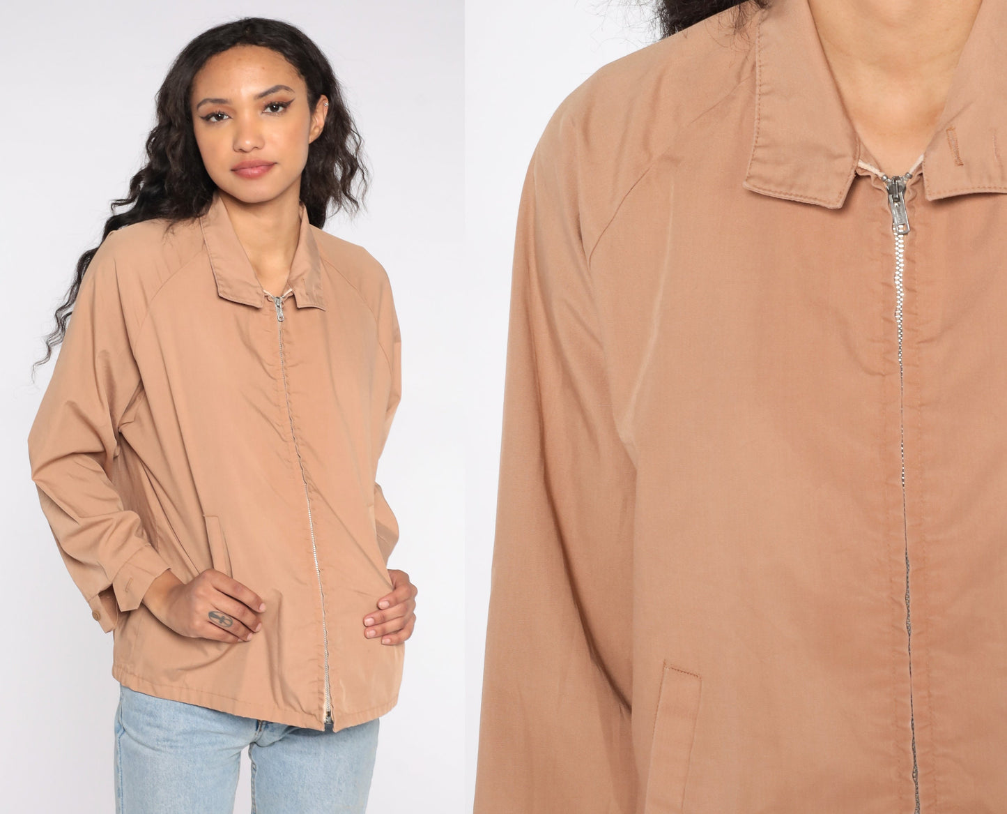 80s Tan Zip-Up Raglan Windbreaker Jacket Men's Medium