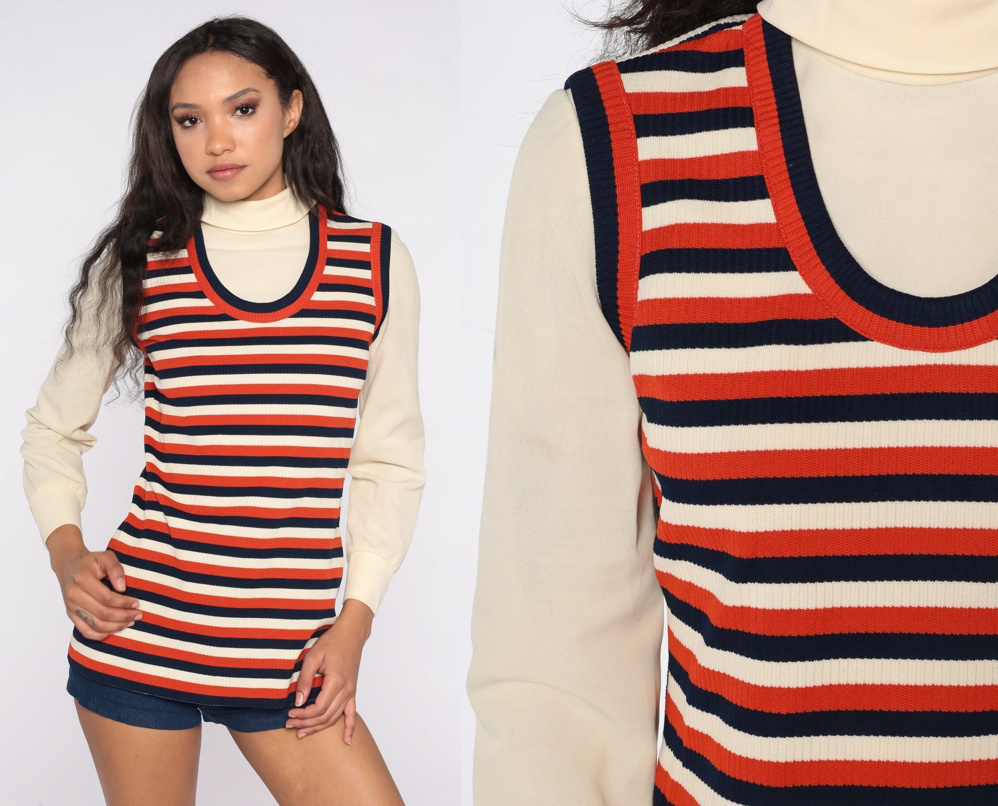 70s Cream Turtleneck with Striped Attached Vest Long Sleeve Small