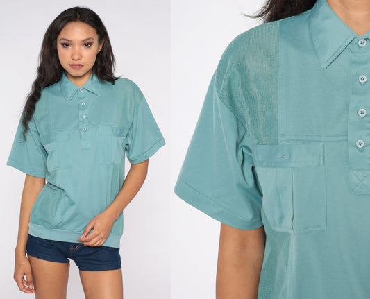80s Muted Seafoam Polo Shirt Button-Up Short Sleeve Cotton Blend Large