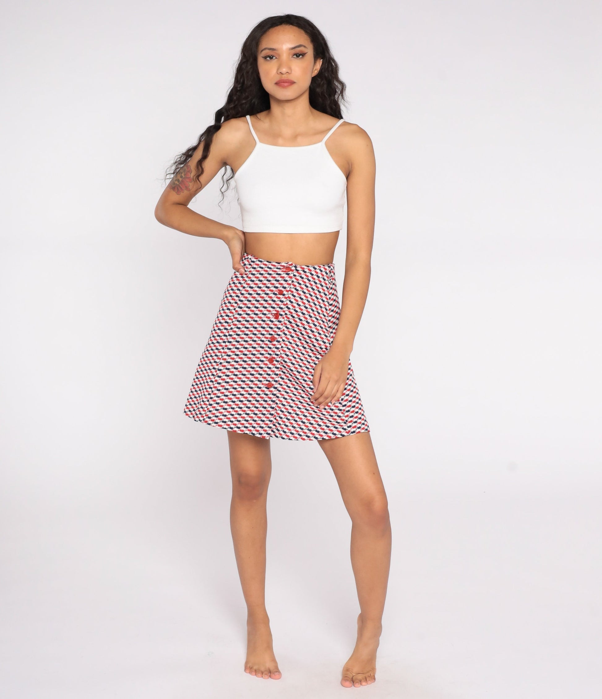 70s Plaid Mini Skirt Red White Blue High Waisted Button Front Checkered Extra Small