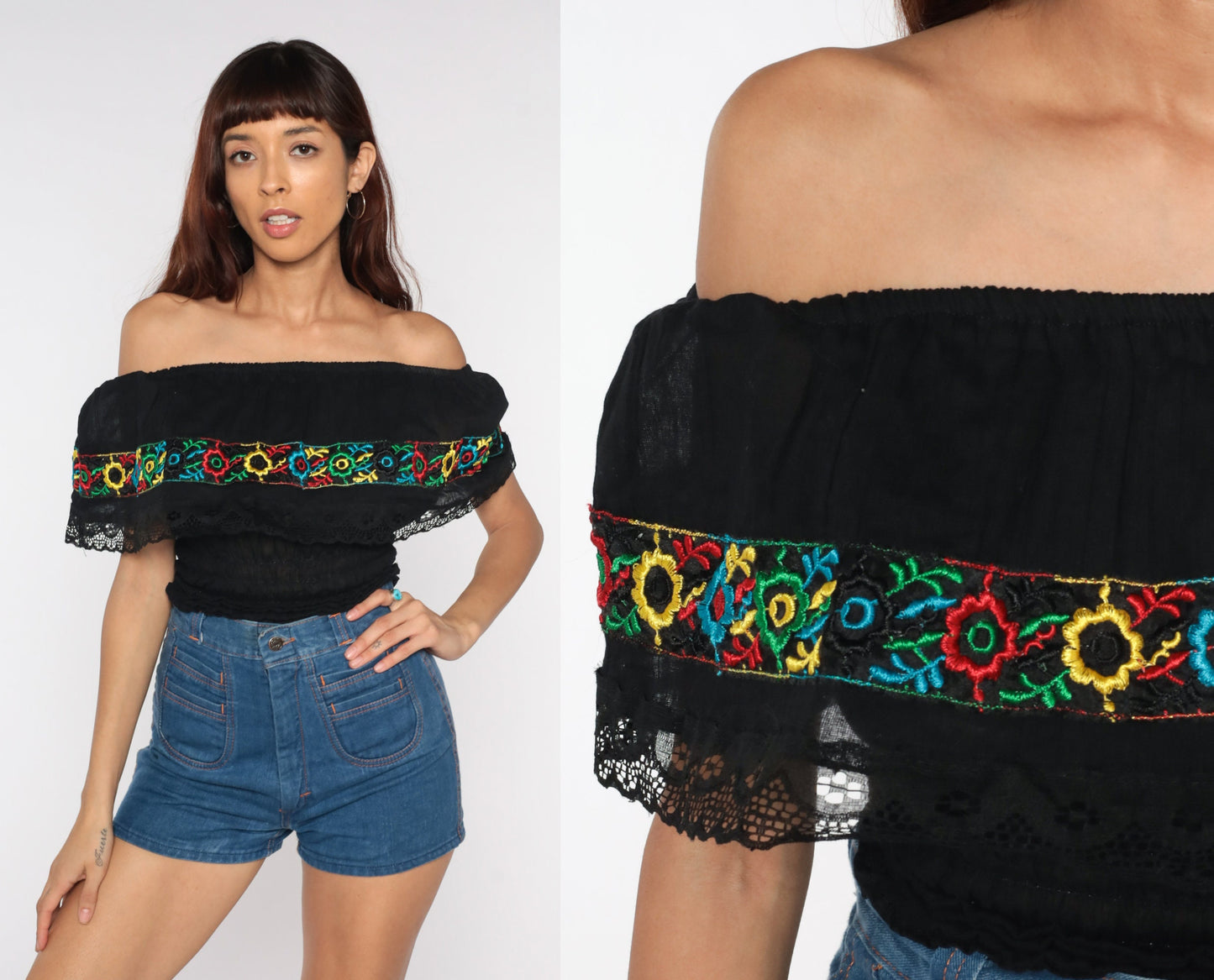80s Black Off-Shoulder Blouse Floral Embroidered Smocked Waist Extra Small
