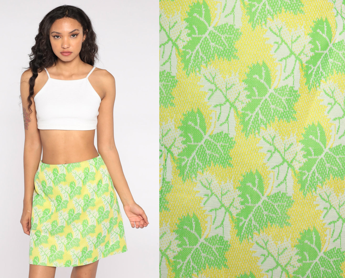 70s Yellow Leaf Print Mini Skirt High Waist Pocket Small