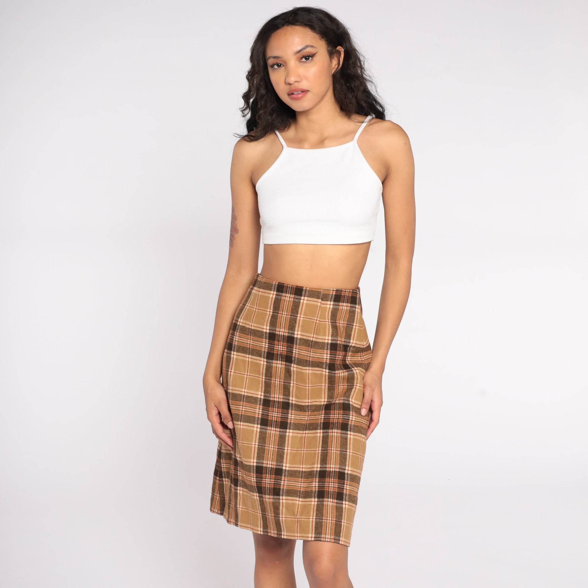 70s Brown Plaid High-Waist Pencil Skirt Wool Extra Small XS