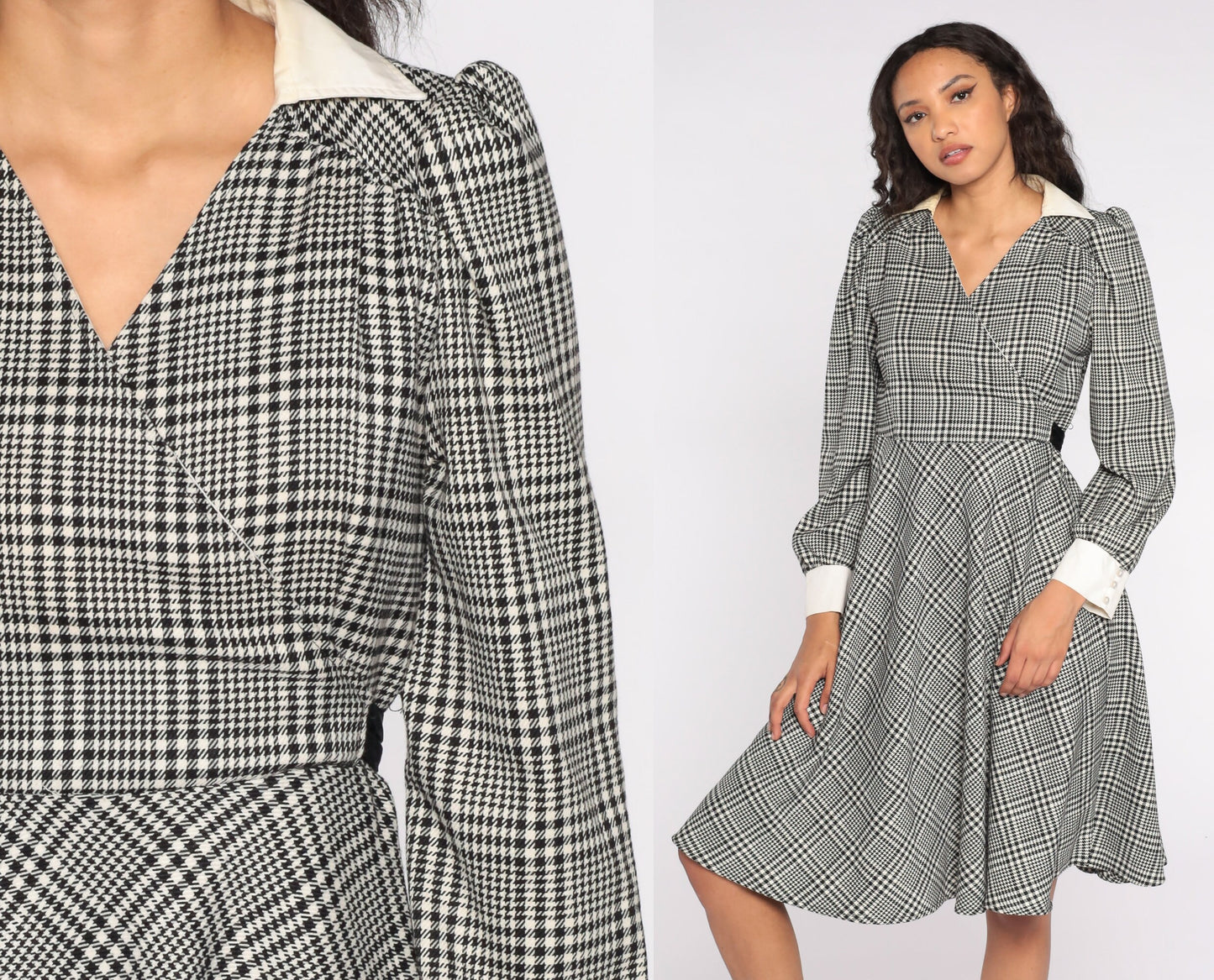 70s Black White Plaid Midi Dress Puff Sleeve Collar Tie Back Medium