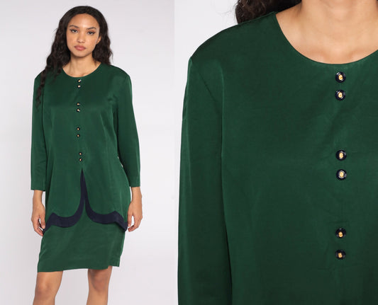 80s Green Midi Shirt Dress Button-Up Long Sleeve Peplum Navy Detail Extra Large XL