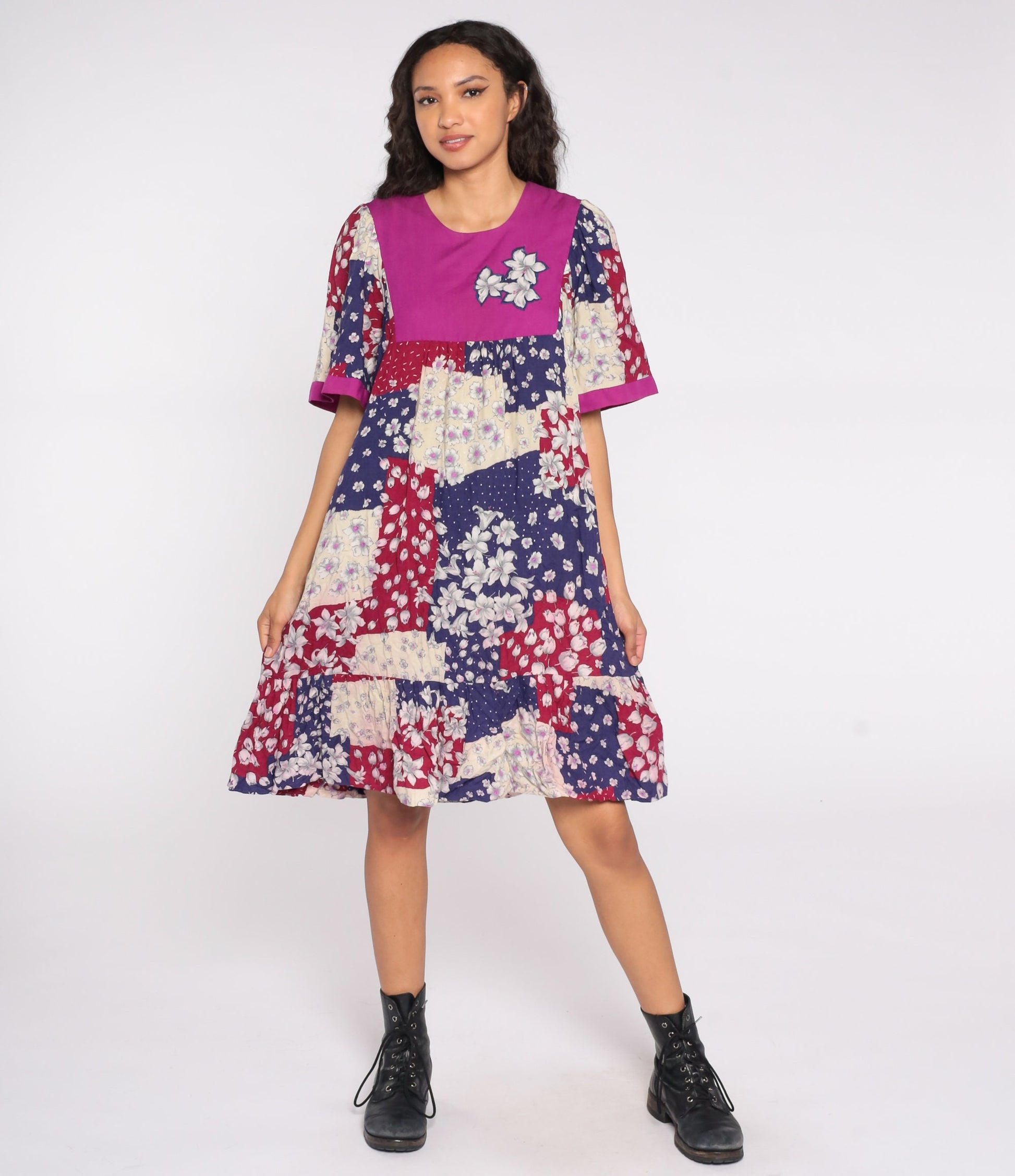 80s Liberty House Floral Patchwork Midi Dress Purple Blue Red Extra Large