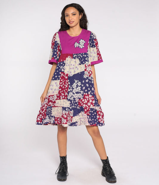 80s Liberty House Floral Patchwork Midi Dress Purple Blue Red Extra Large