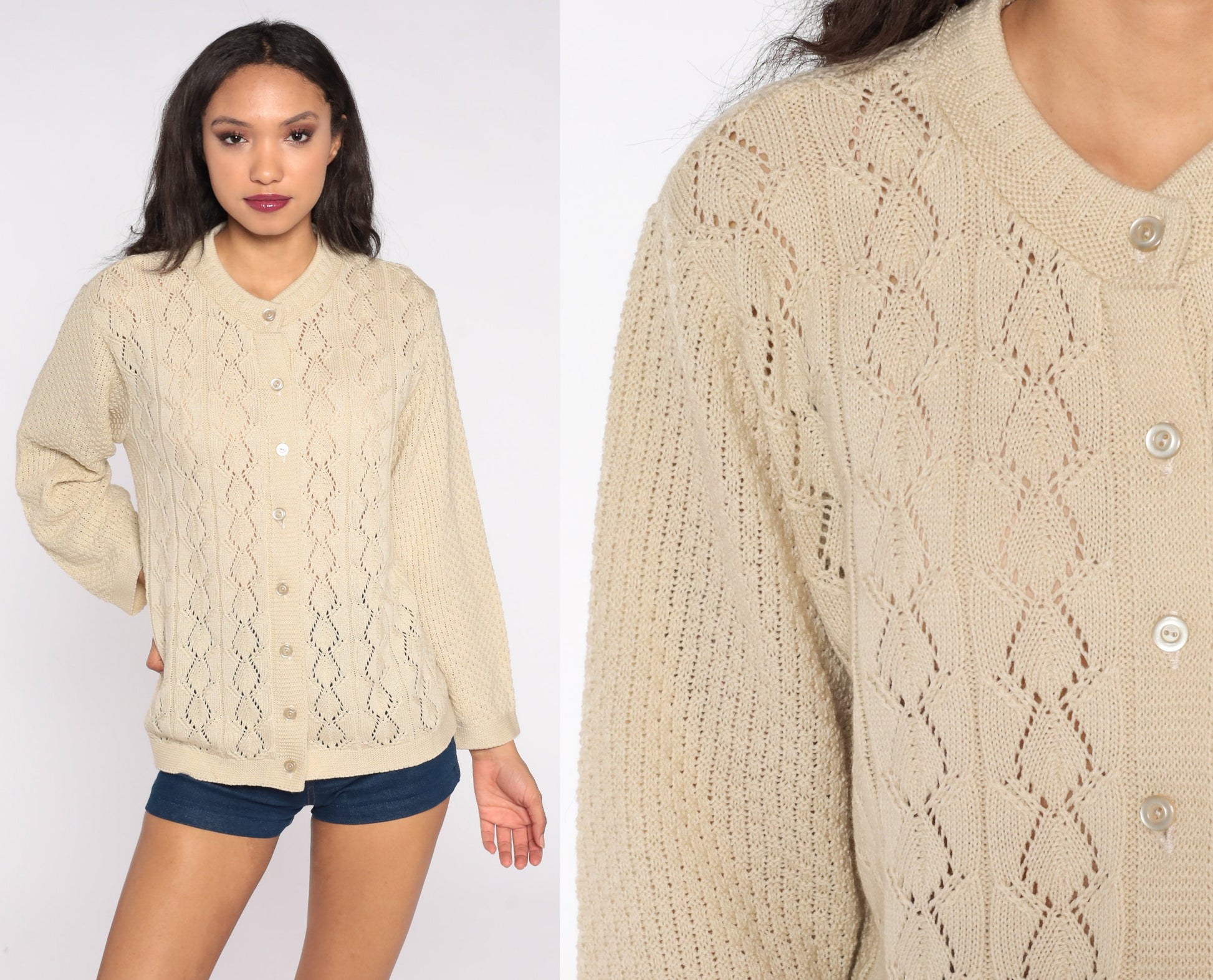 70s Beige Cardigan Sweater Pointelle Open Weave Button Up Knitwear Small