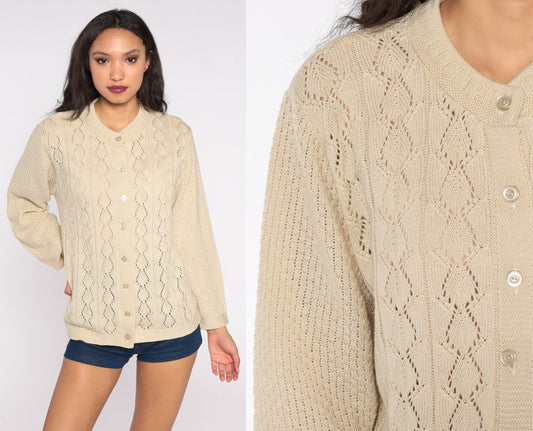 70s Beige Cardigan Sweater Pointelle Open Weave Button Up Knitwear Small
