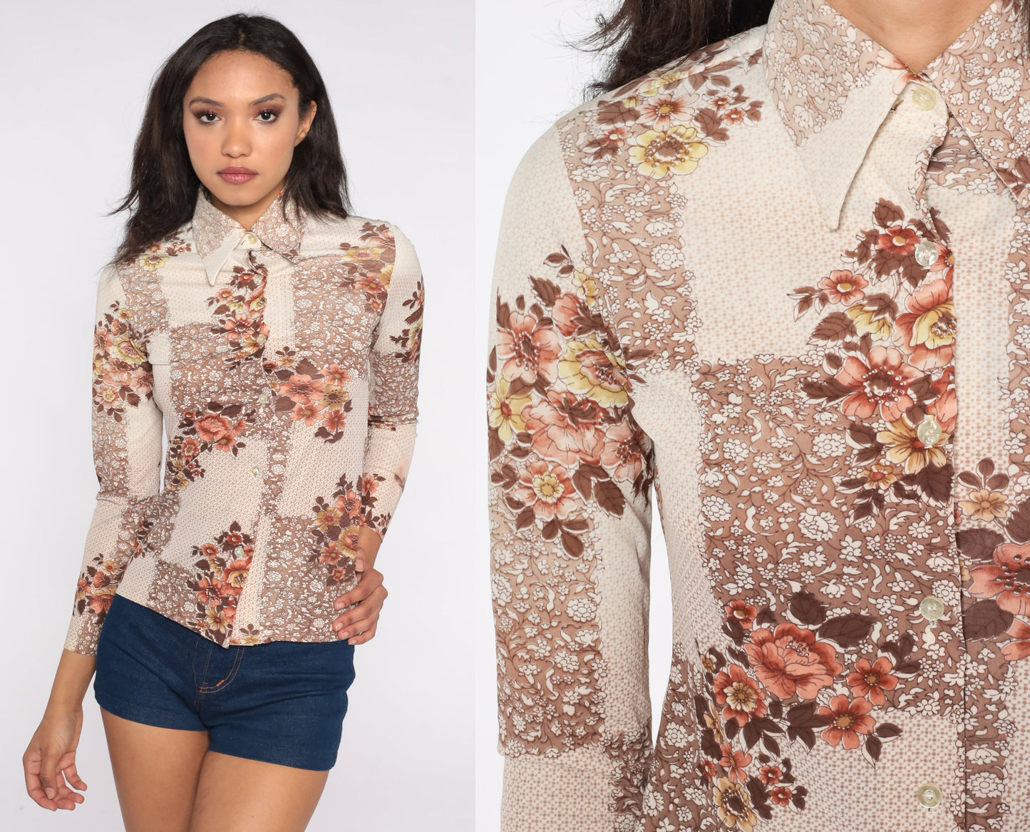 70s Brown Floral Button-Up Shirt Pointed Collar Long Sleeve Extra Small