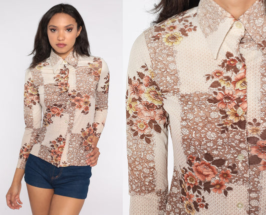 70s Brown Floral Button-Up Shirt Pointed Collar Long Sleeve Extra Small