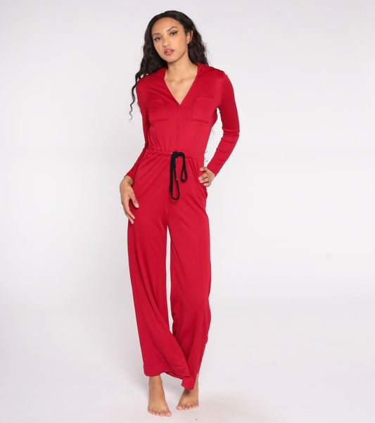 70s Red Hooded Jumpsuit Wide Leg Bell Bottom Zip Front Small