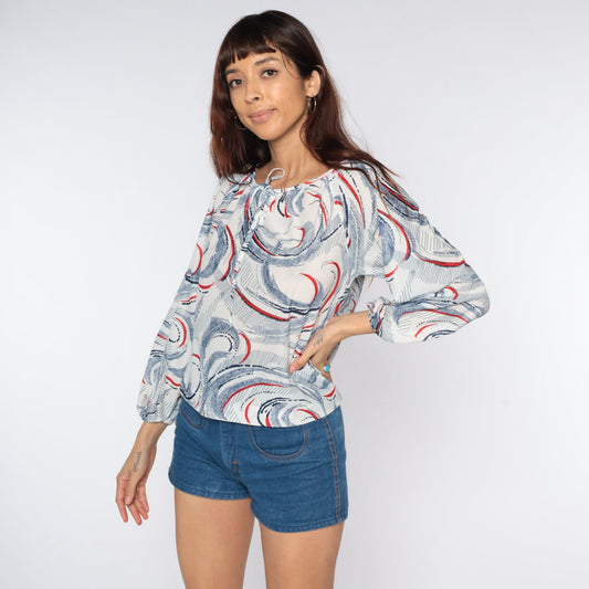 70s Swirl Print Blouse Keyhole Neck Long Sleeve White Medium