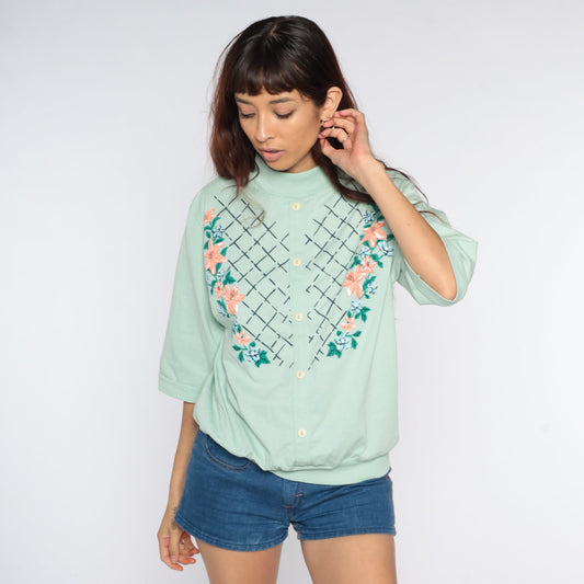 80s Floral Mint Green Shirt 3/4 Sleeve Loose Fit Blouse Large L