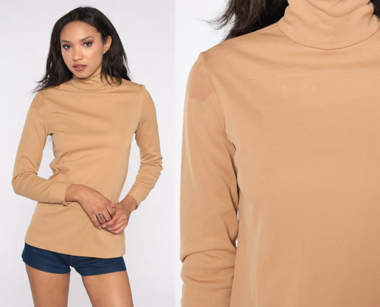 70s Camel Turtleneck Long Sleeve Shirt Polyester Extra Small