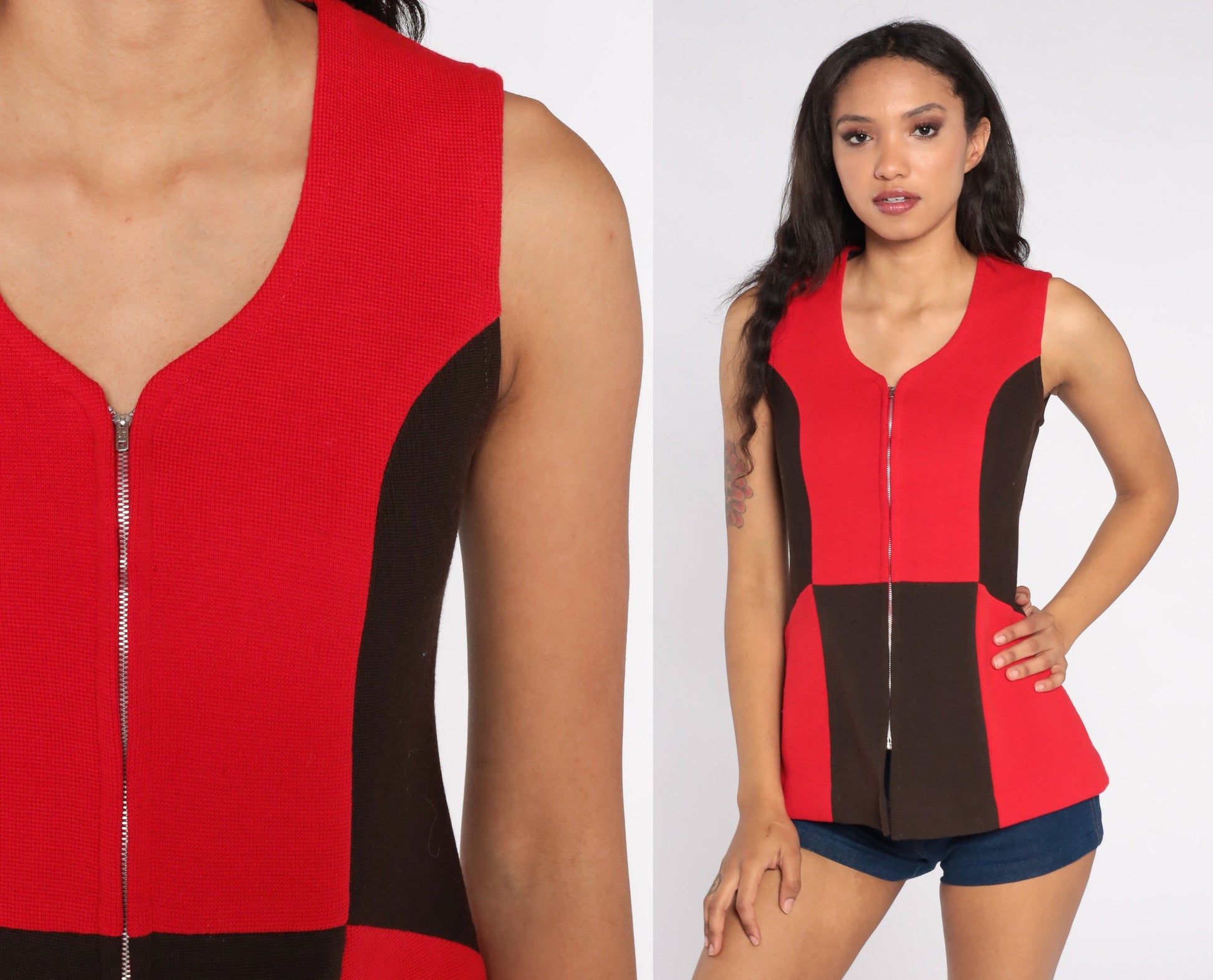 60s Mod Color Block Tank Top Zip Front Red Black Sleeveless Small