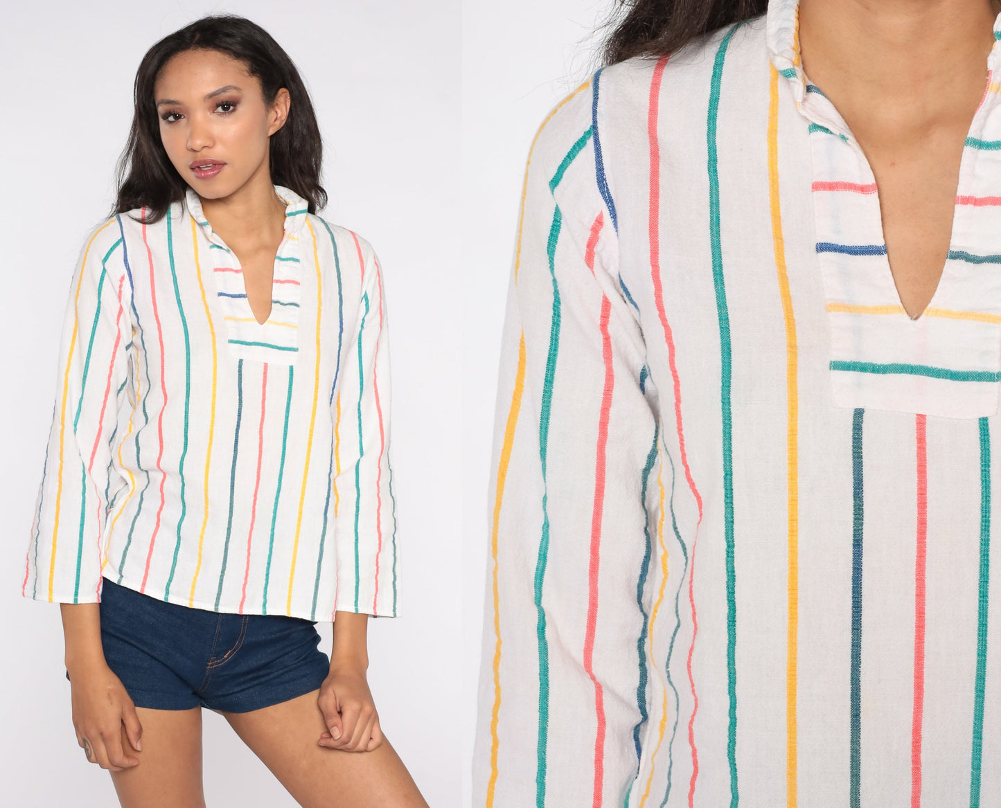 70s Cotton Striped Tunic Top White V-Neck Long Sleeve Extra Small