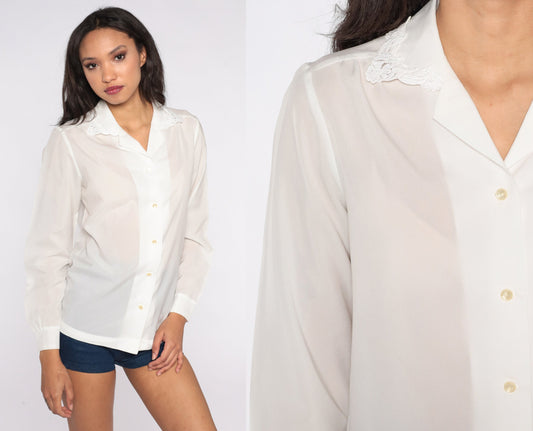 80s Semi-Sheer White Button-Up Blouse Lace Collar Long Sleeve Medium