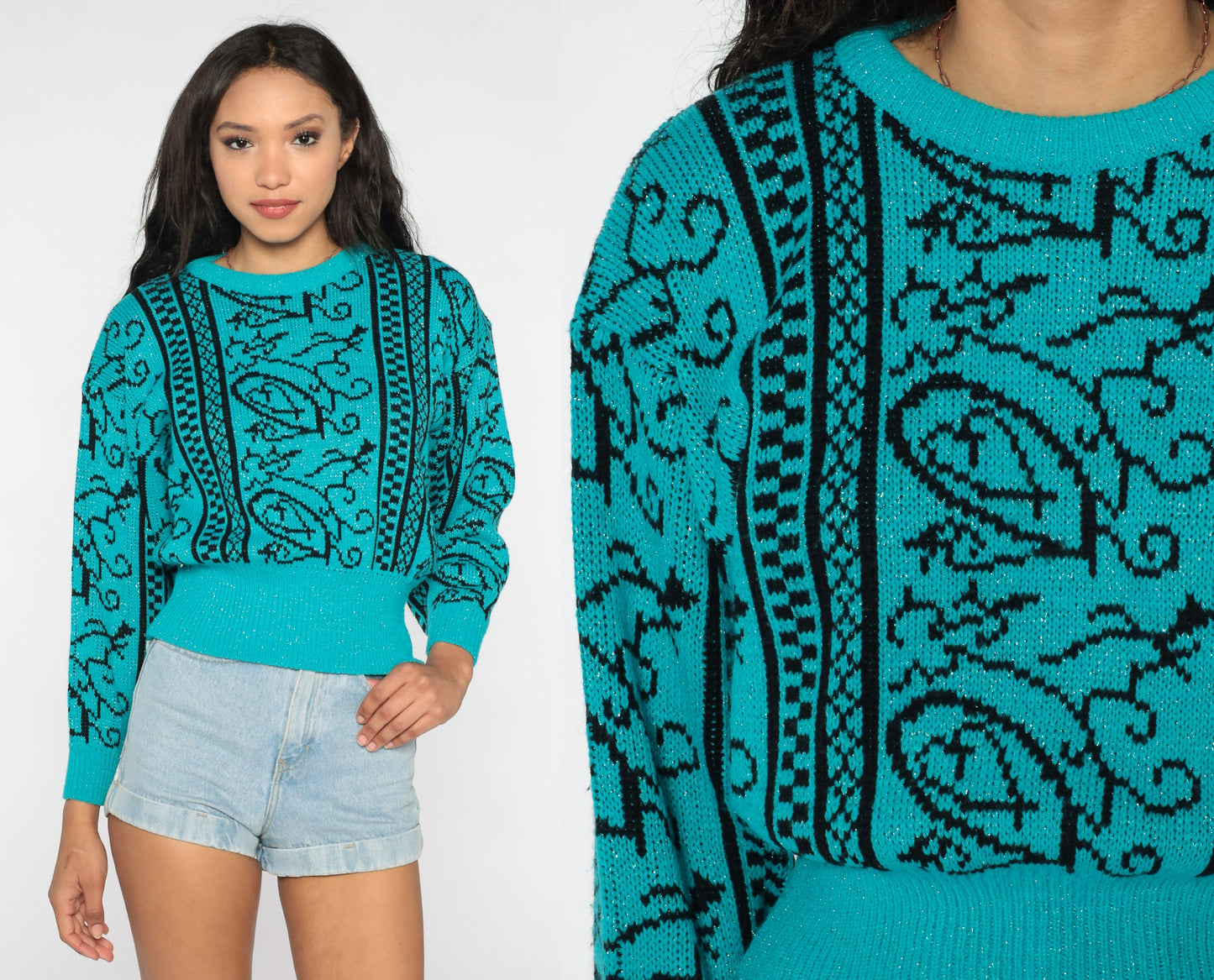 80s Sparkly Teal Geometric Knit Sweater Metallic Swirl Crewneck Small