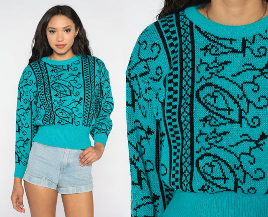 80s Sparkly Teal Geometric Knit Sweater Metallic Swirl Crewneck Small