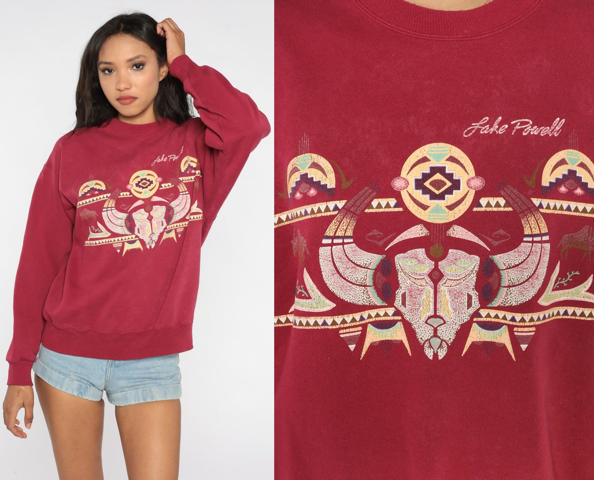 90s Lake Powell Arizona Utah Sweatshirt Red Buffalo Skull Graphic Large