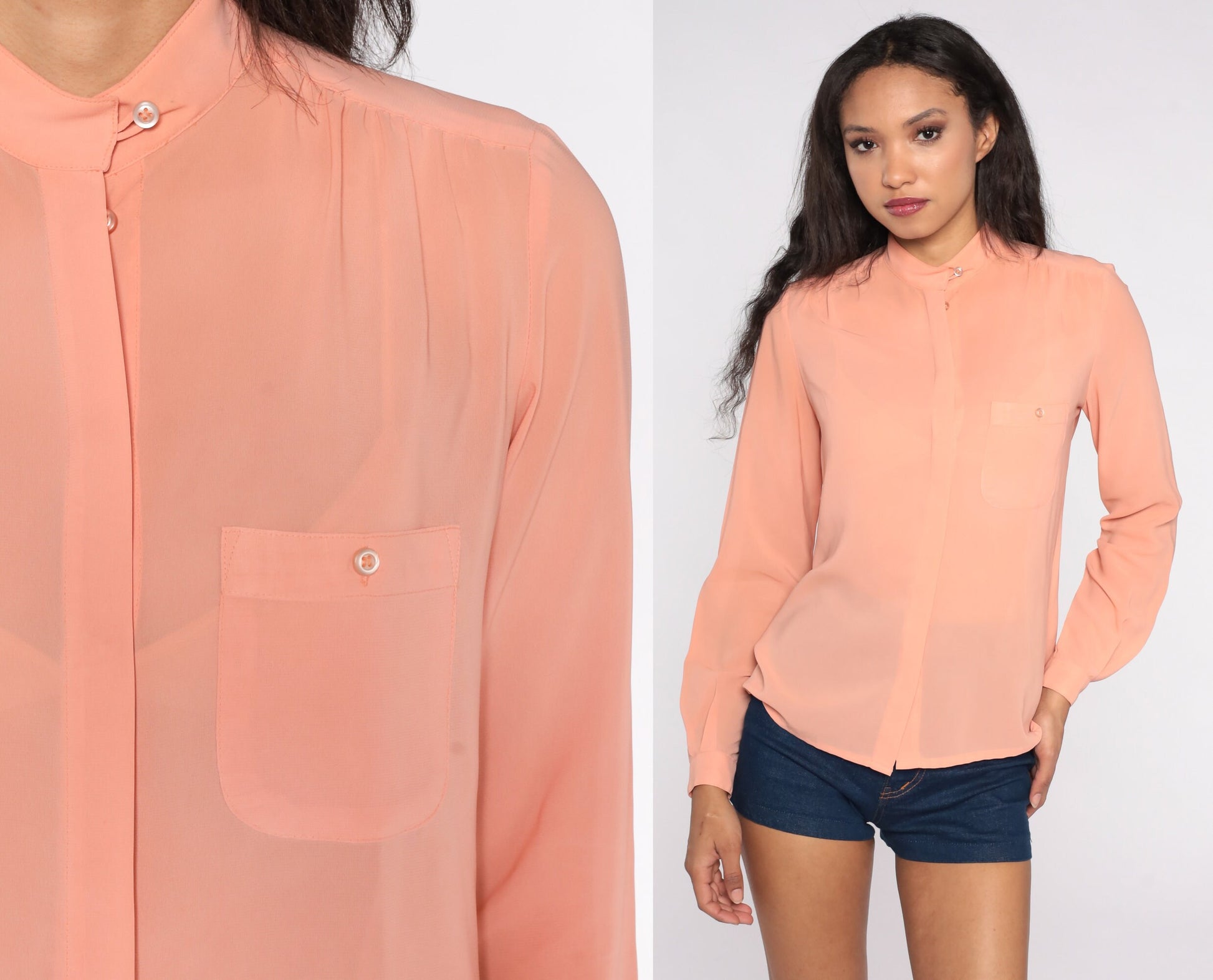 80s Peach Chiffon Blouse Long Sleeve Button Up Sheer Collar Small