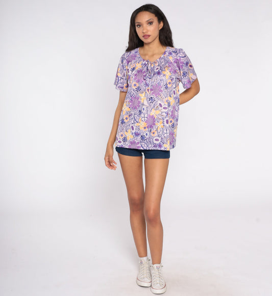 80s Purple Floral Keyhole Blouse Short Sleeve Smocked Tie Neck Large L