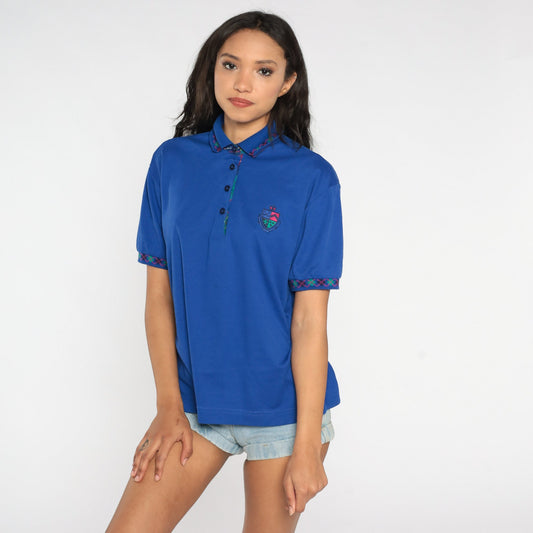 90s Blue Polo Shirt Embroidered Crest Argyle Trim Quarter Button Large L
