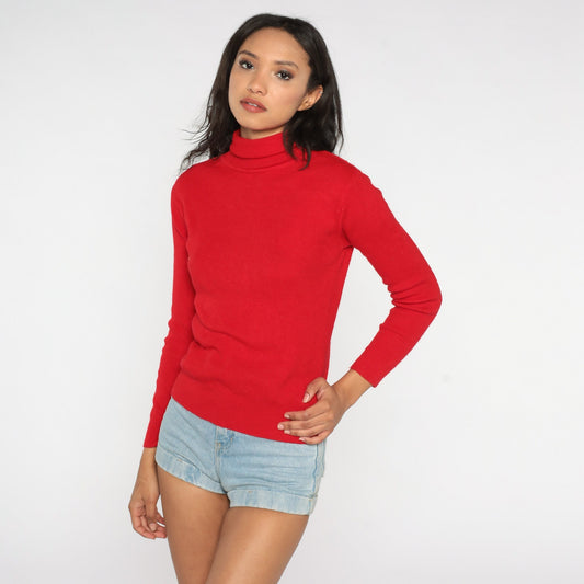 80s Red Knit Turtleneck Long Sleeve Sweater Top Ribbed Medium Large