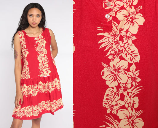 80s Tropical Floral Mini Dress Red Button-Up Sleeveless Medium