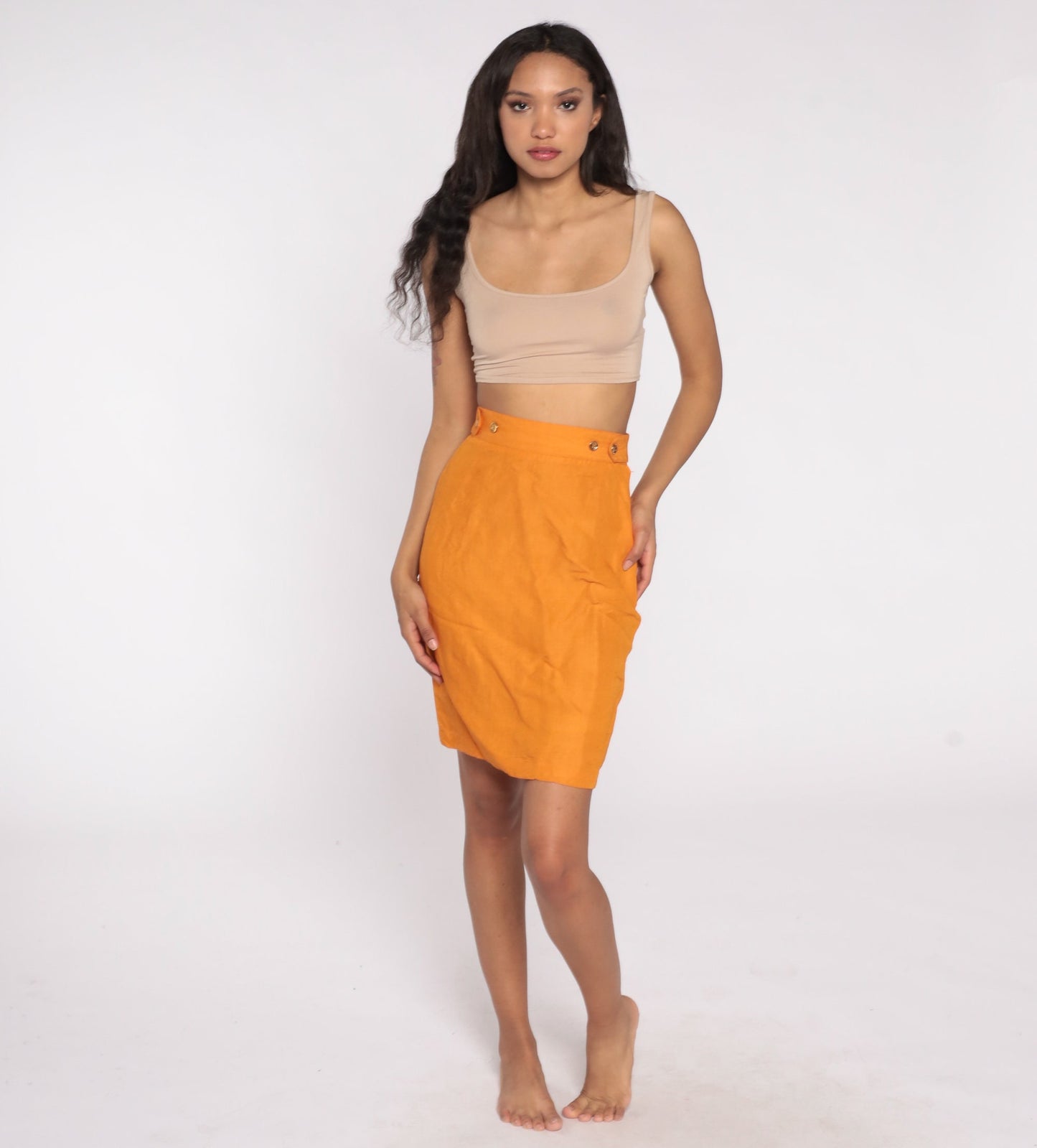 80s Orange Silk Pencil Skirt High Waist Mini Wiggle Small 6