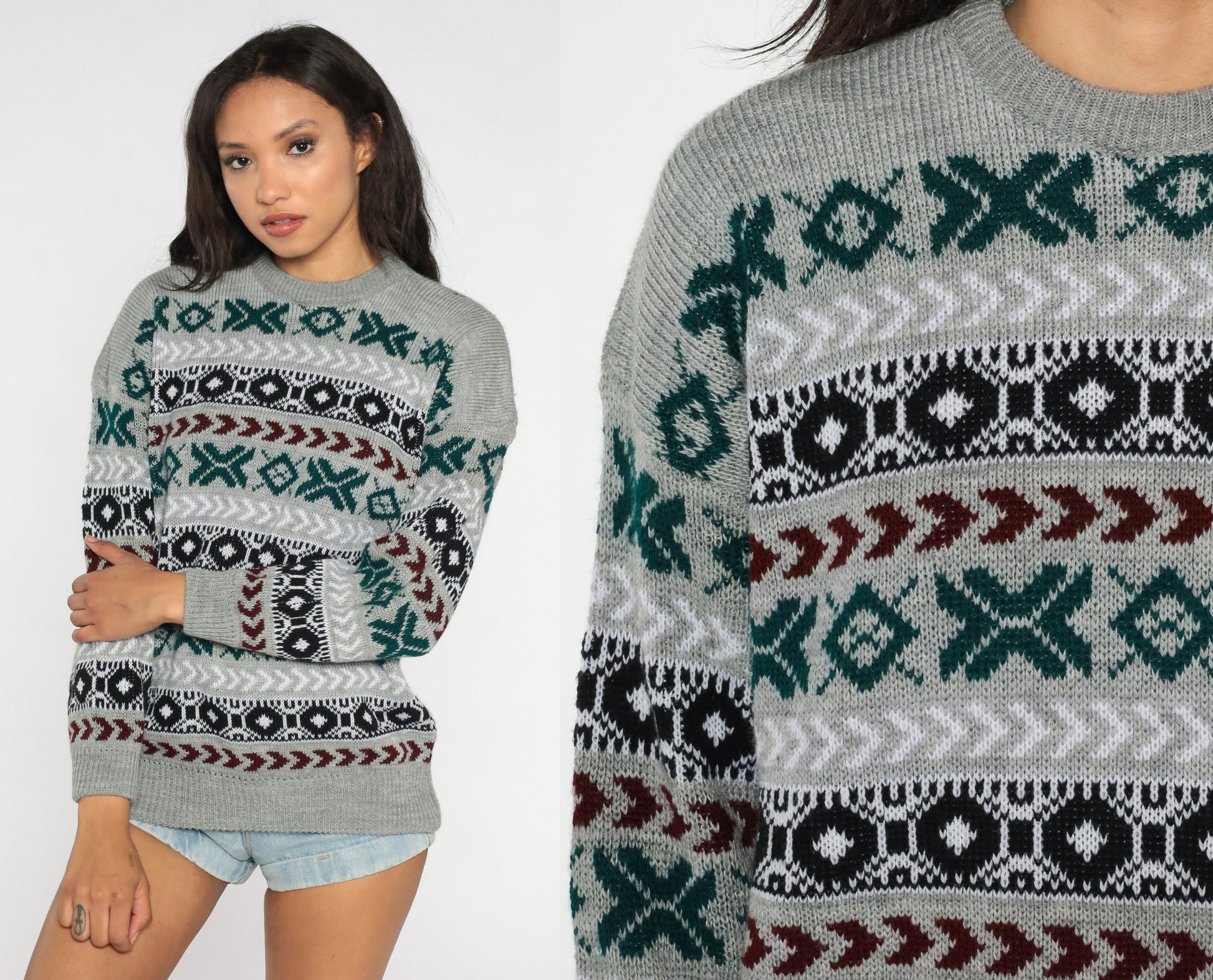 90s Grey Geometric Striped Knit Pullover Sweater Mens Large