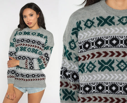 90s Grey Geometric Striped Knit Pullover Sweater Mens Large