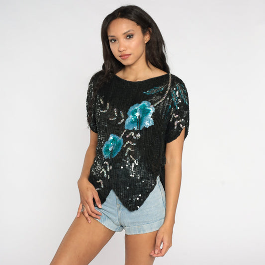 80s Sequin Floral Blouse Black Blue Metallic Short Sleeve Small Medium