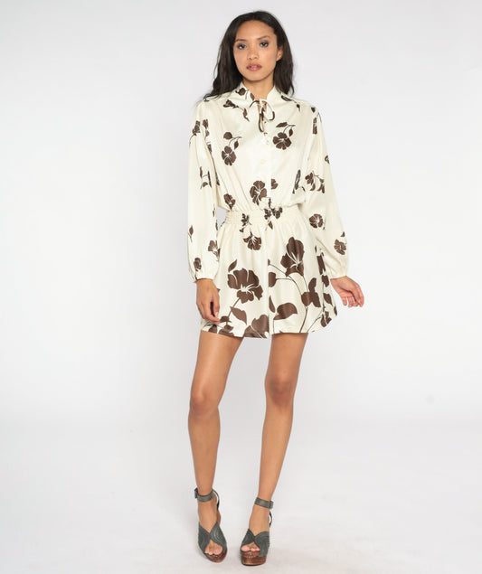 70s Floral Blouson Mini Dress Cream Brown Long Sleeve Smocked Waist Small