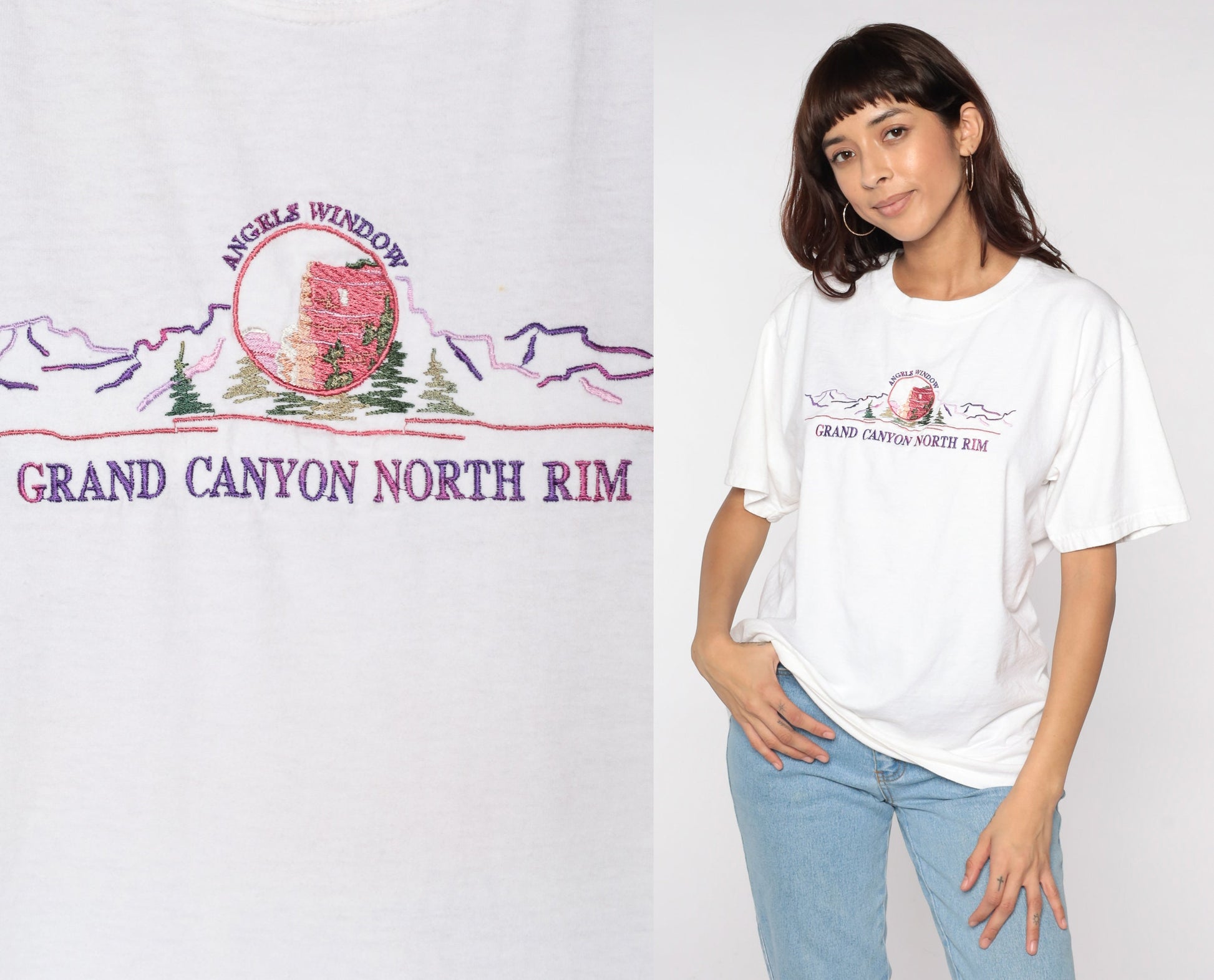 90s Grand Canyon North Rim Angels Window Embroidered T-Shirt White Large
