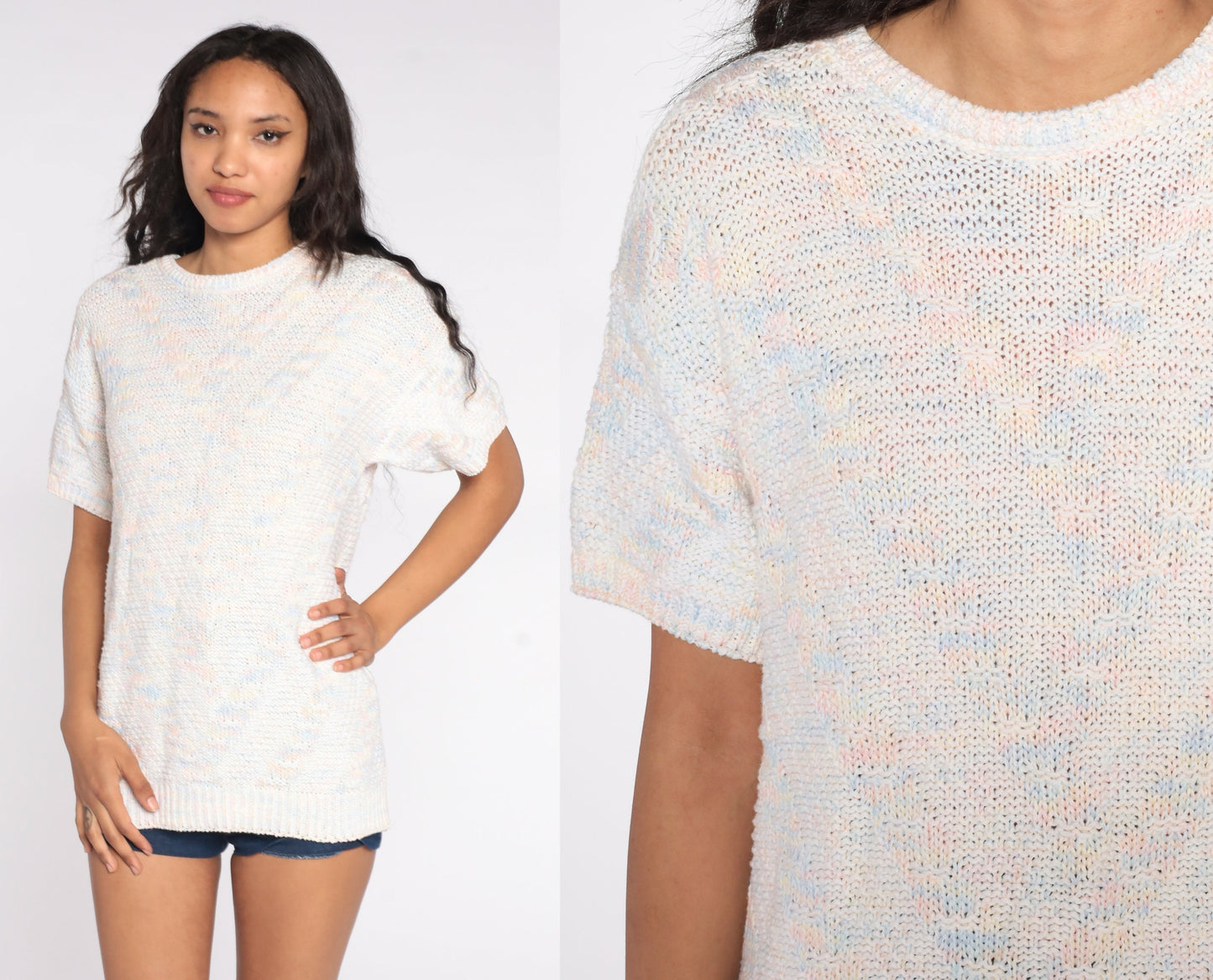 80s White Pastel Striped Knit Shirt Short Sleeve Medium Large