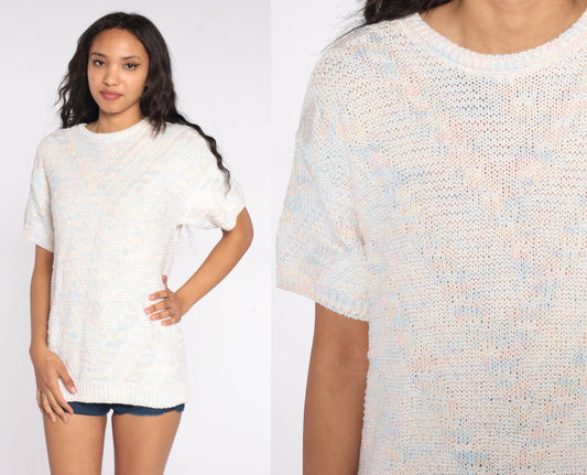 80s White Pastel Striped Knit Shirt Short Sleeve Medium Large