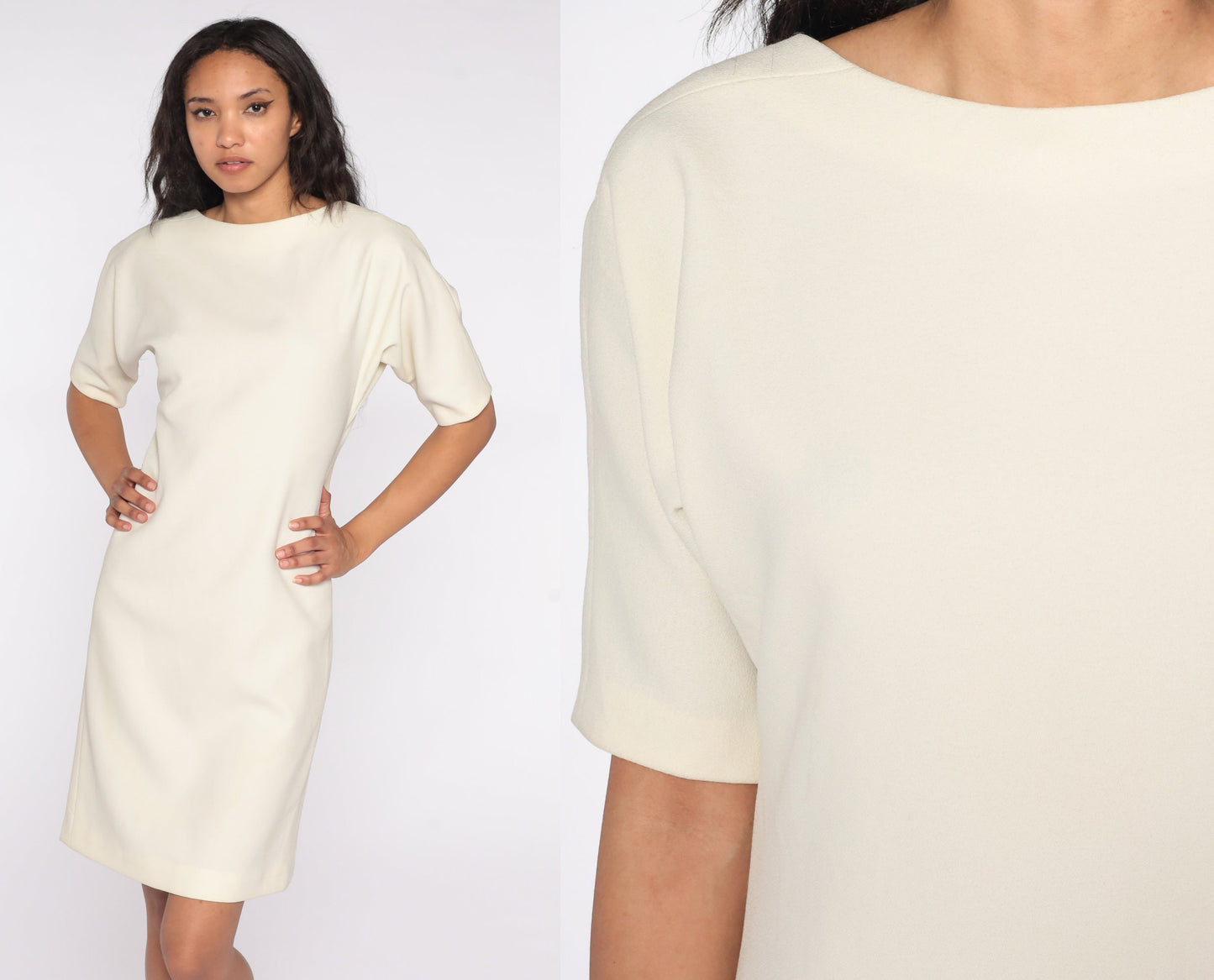 80s Cream Shift Dress Button Back Short Sleeve Knee Length Small