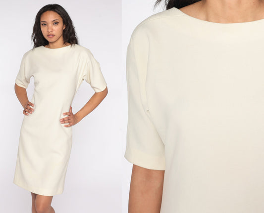 80s Cream Shift Dress Button Back Short Sleeve Knee Length Small
