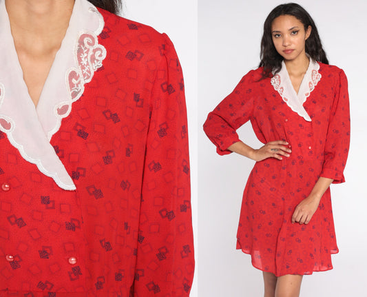 80s Geometric Print Wrap Dress Red Mini V-Neck High Waist Medium Large