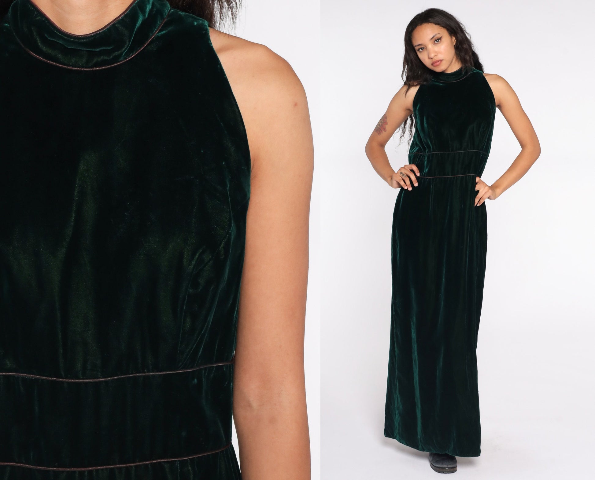 1970s Green Velvet Maxi Dress High Waist Bow Back Sleeveless Small Medium