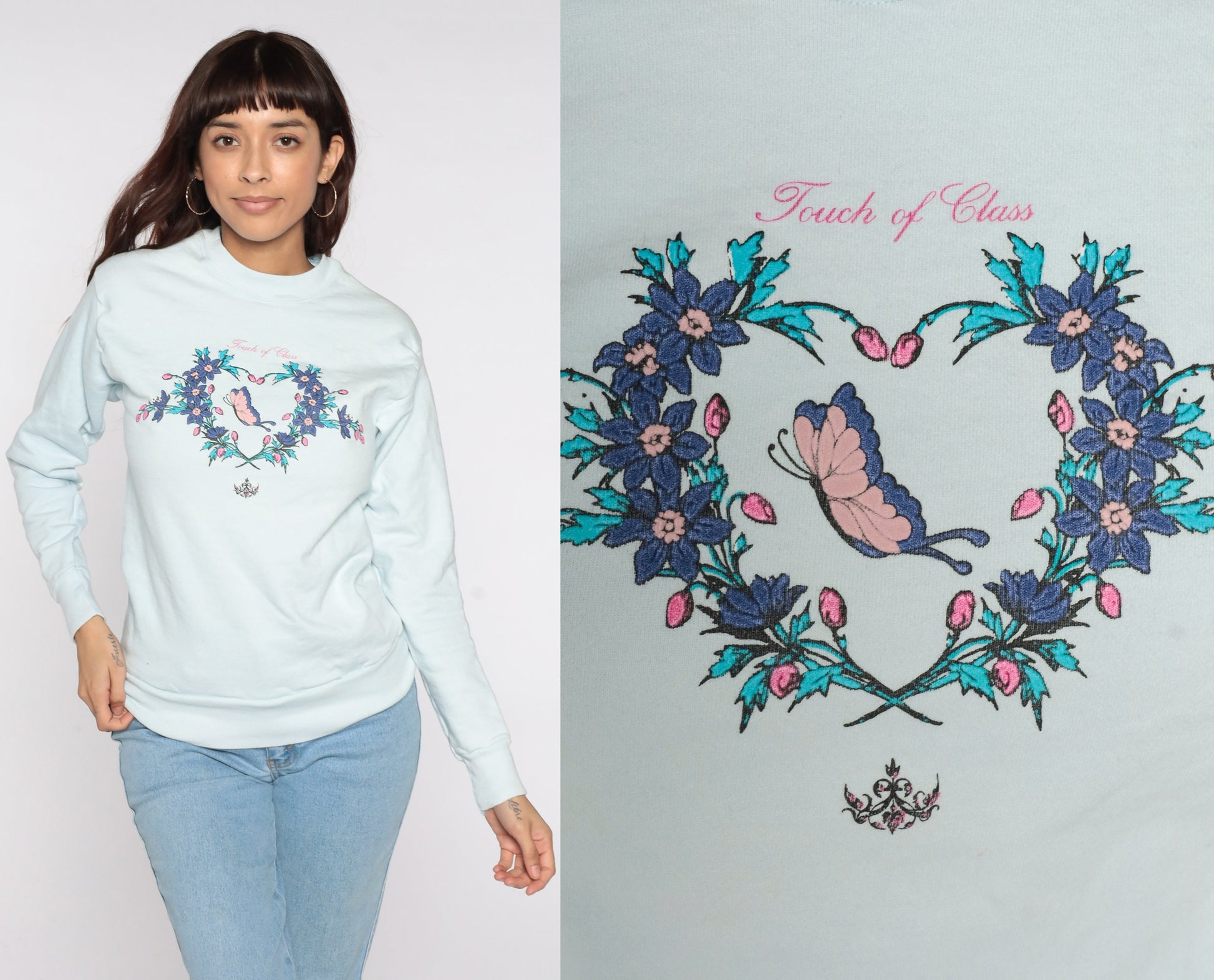 80s Touch Of Class Butterfly Floral Sweatshirt Baby Blue Crewneck Extra Small