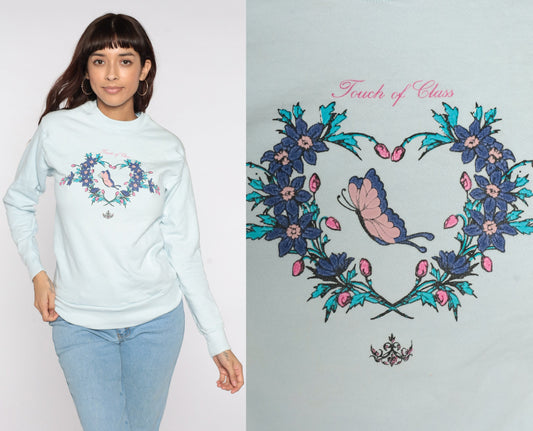 80s Touch Of Class Butterfly Floral Sweatshirt Baby Blue Crewneck Extra Small