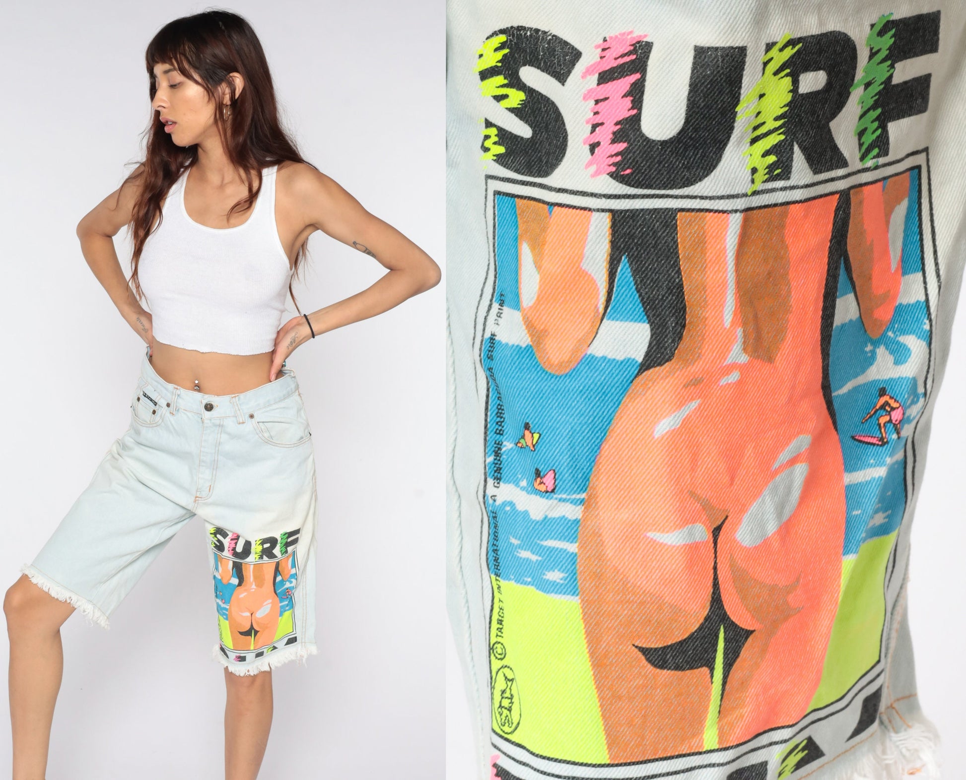 90s Neon Surfer Denim Shorts High Waisted Blue Jean Bermuda Medium