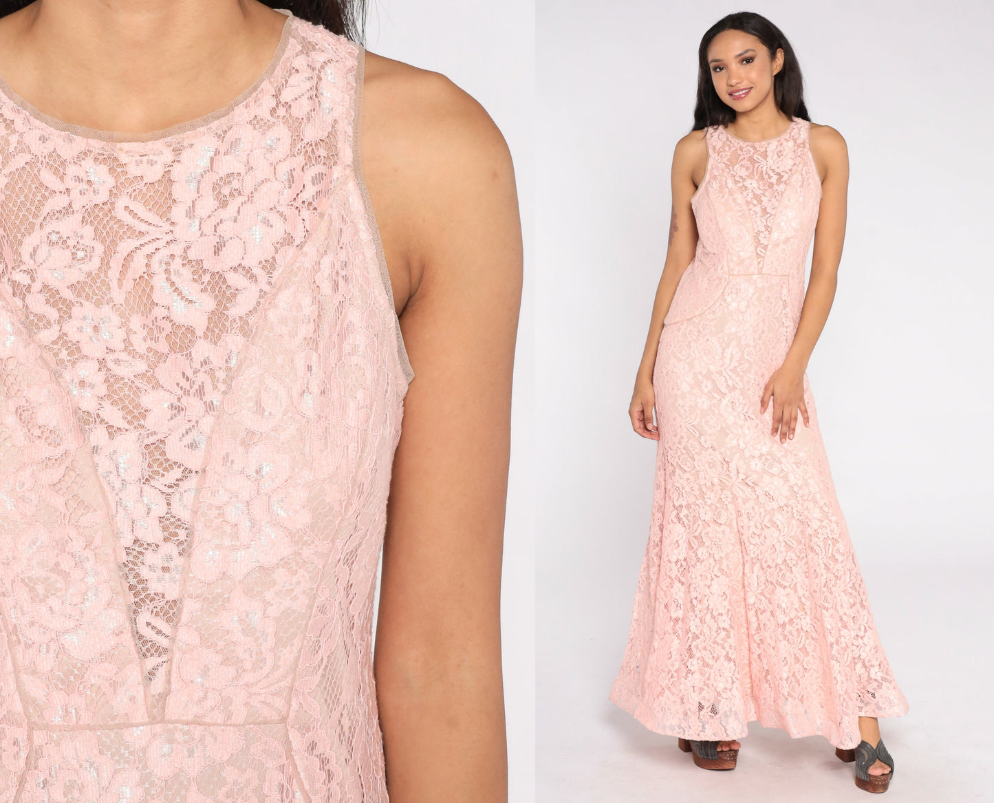 Y2K Baby Pink Lace Maxi Dress Plunge Illusion Neckline Sleeveless Large 12P