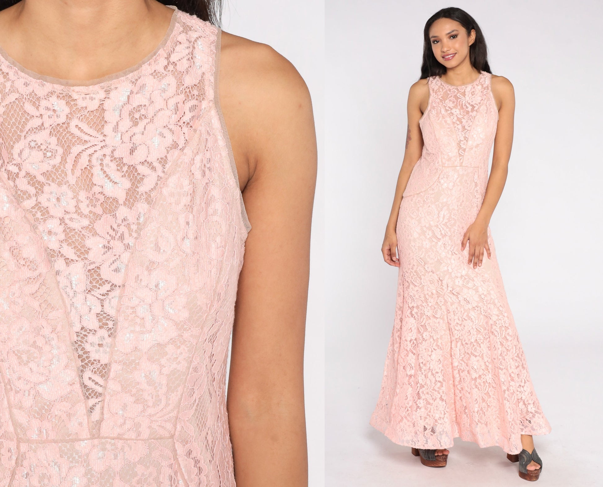 Y2K Baby Pink Lace Maxi Dress Plunge Illusion Neckline Sleeveless Large 12P