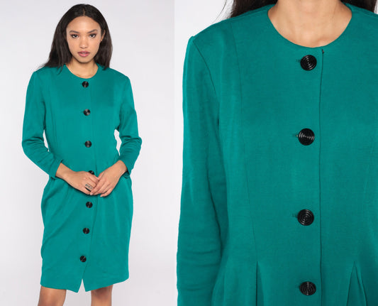 80s Teal Button-Up Mini Dress Sheath Cut Short Sleeve Large L