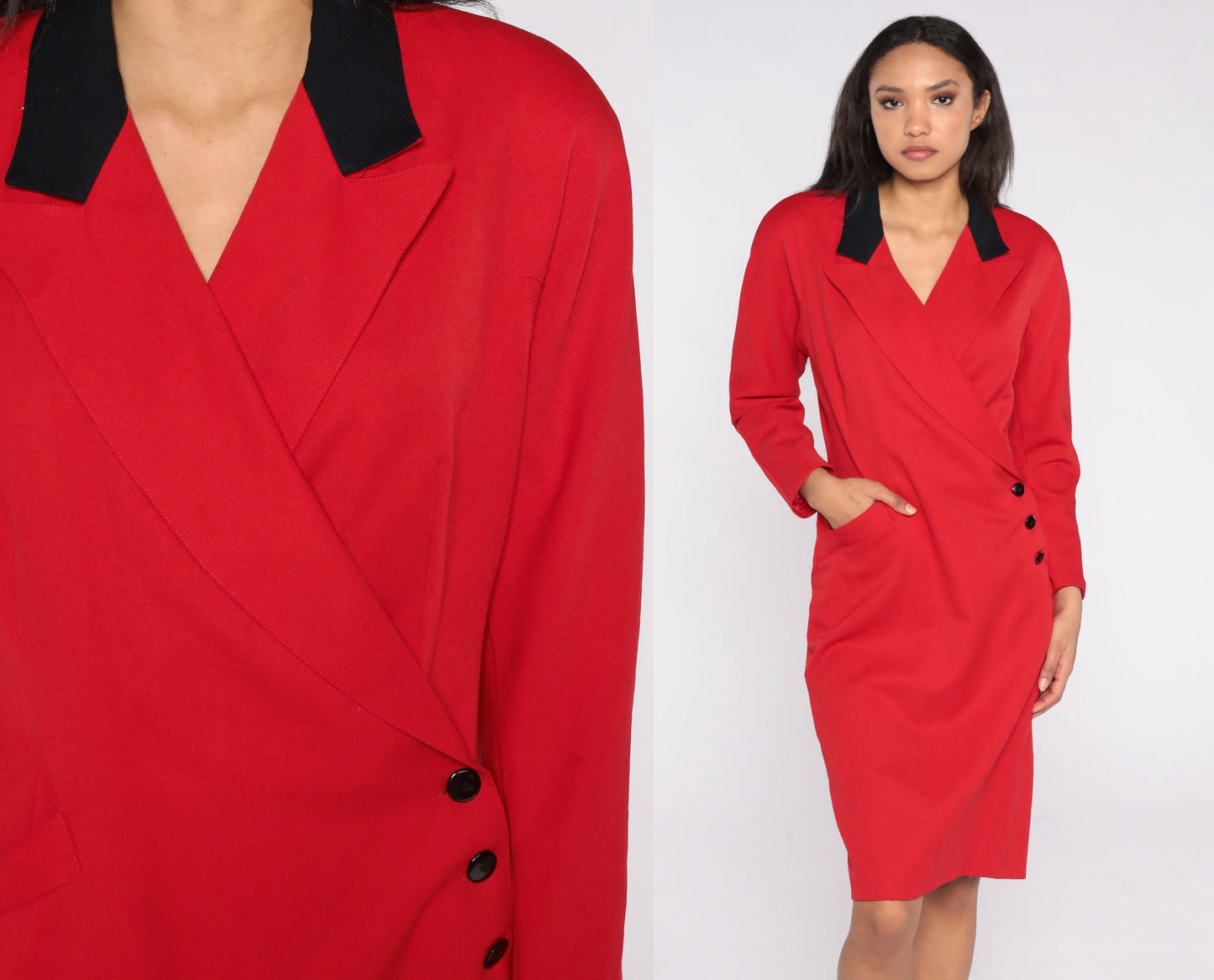 80s Red Wool Wrap Dress High Waist V Neck Midi Long Sleeve Medium 8